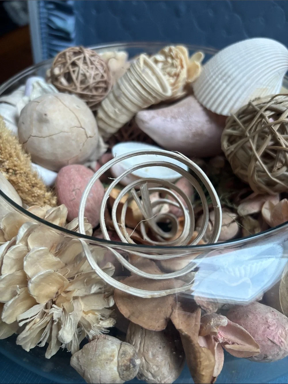 Decorative Natural  Bowl - dried materials like rattan and wood flowers.shells